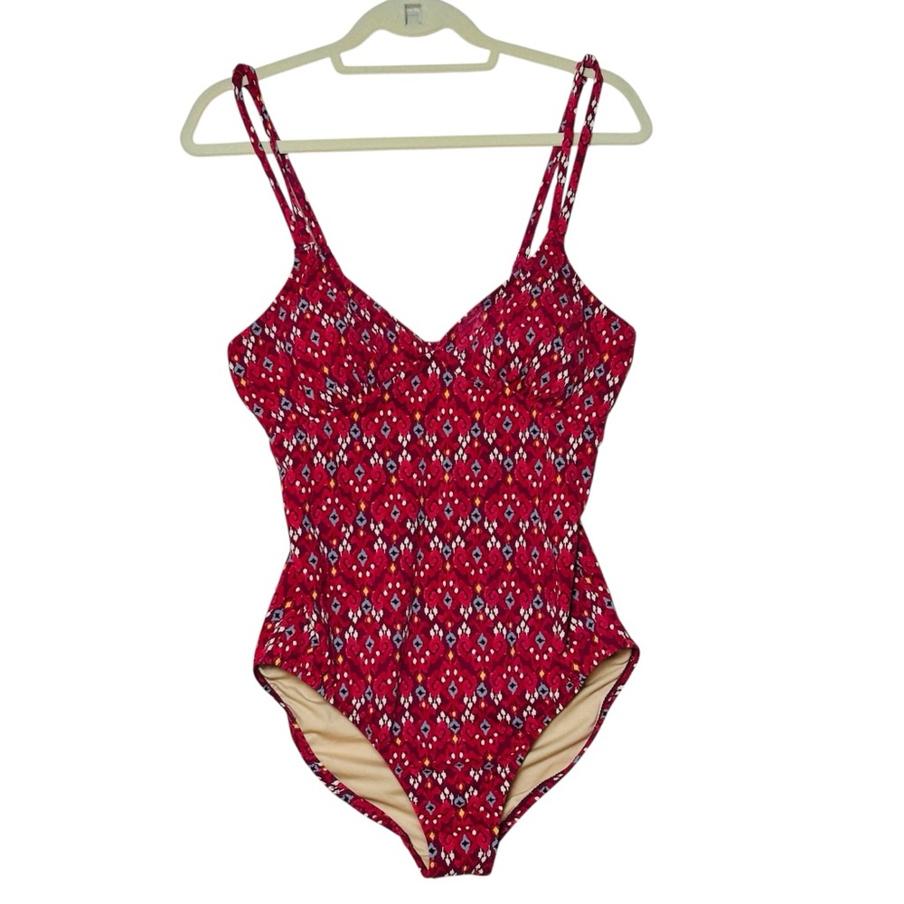 Garnet Hill 10 Red Yellow Gray Abstract Print 1 Piece Swimsuit Adjustable Straps